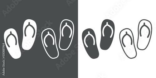 Logo flip flops. Icono plano set de calzado de playa con silueta de chanchas con líneas y relleno en fondo gris y fondo blanco