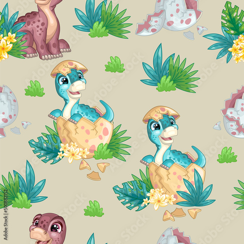Seamless tropical pattern with cute brontosaurus in egg vector