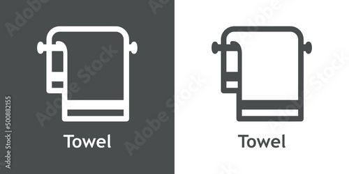 Logo con texto towel. Icono plano silueta de toalla plegado en barra con líneas en fondo gris y fondo blanco