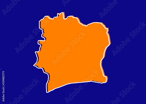 Outline map of Côte d'Ivoire, stylized concept map of Côte d'Ivoire. Orange map on blue background.