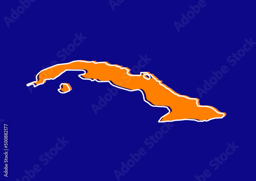 Outline map of Cuba, stylized concept map of Cuba. Orange map on blue background.