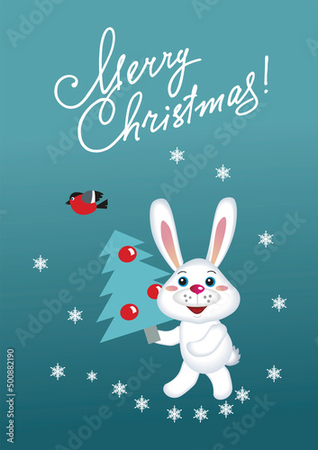 A rabbit is carrying a Christmas tree home  snow is falling. New Year s card with the inscription  Merry Christmas. 