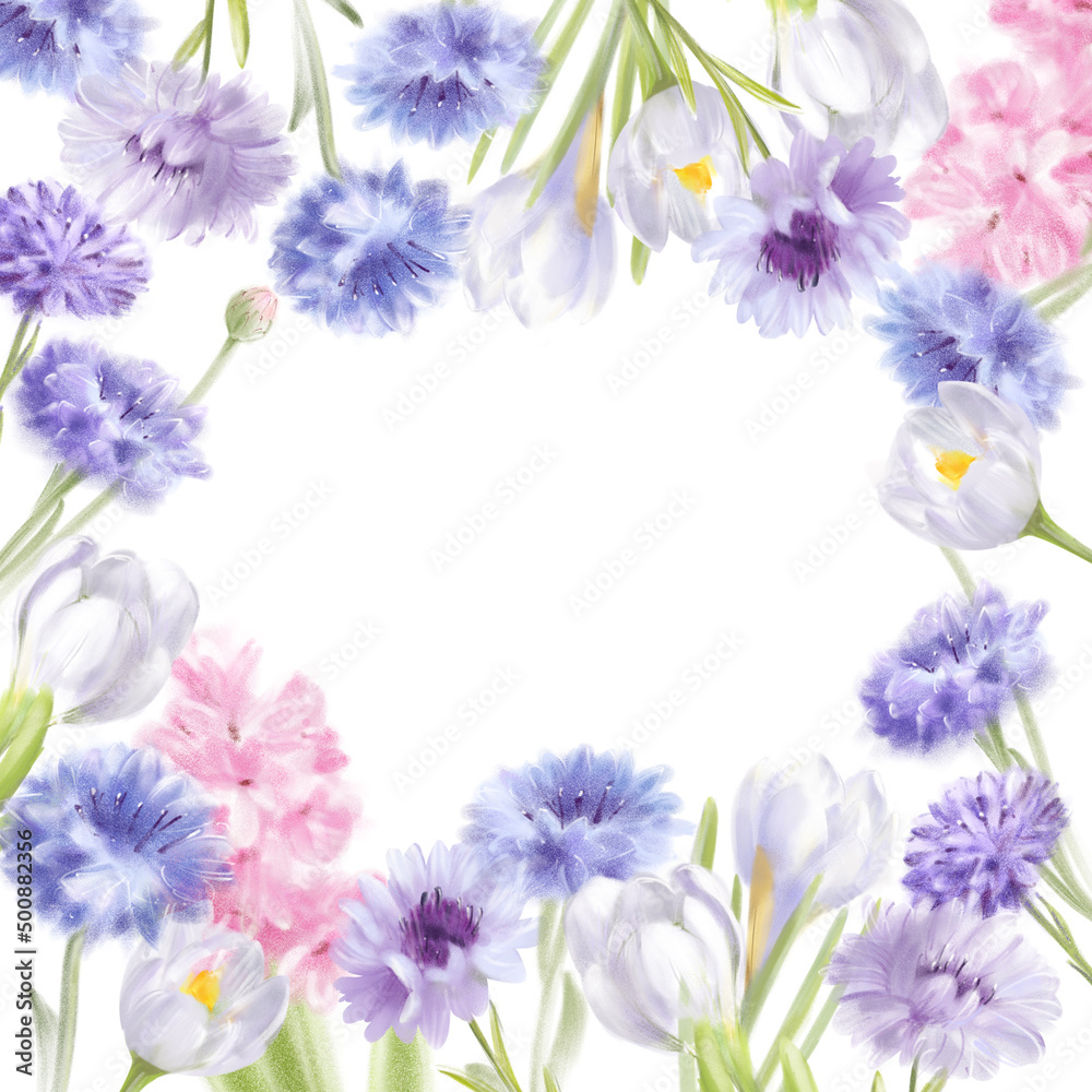 Fototapeta premium Floral frame. Cornflowers and crocuses on a light background. 