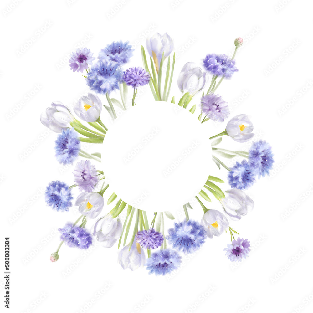 Floral frame. Cornflowers and crocuses on a light background. 