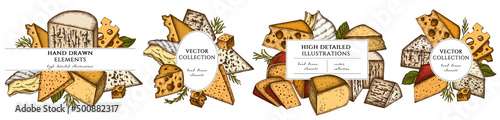 Cheese hand drawn frame templates. Vintage illustrations of brie, gouda cheese, roquefort, etc.