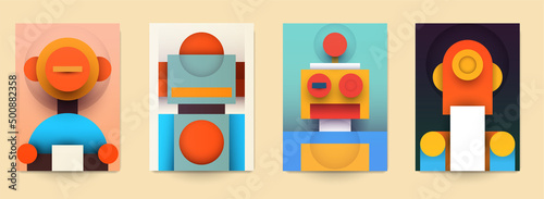 Set of minimal template in geometric bauhaus retro style design for branding with abstract simple shapes element. Modern background for cover, banner. Robot silhouette. Fashion vector illustration.