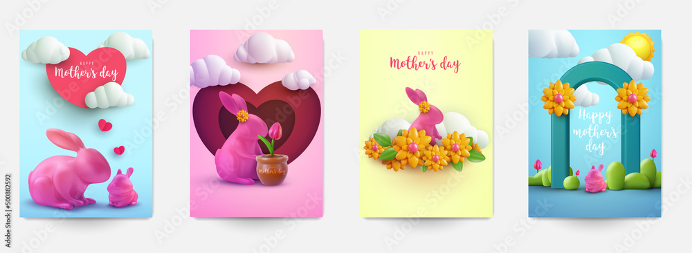 Happy mothers day background template. Set of abstract holiday concept for banner, card, cover in cartoon realistic 3d style. Collection fashion vector illustration.