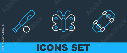 Set line Skateboard, Baseball bat with ball and Butterfly icon. Vector