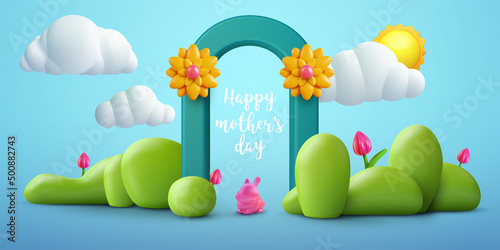 Happy mother's day abstract background. Cartoon 3d flower composition with pink bunny, blue arc, green bushes and flowers. Minimal holiday vector illustration. Template banner, cover, card.