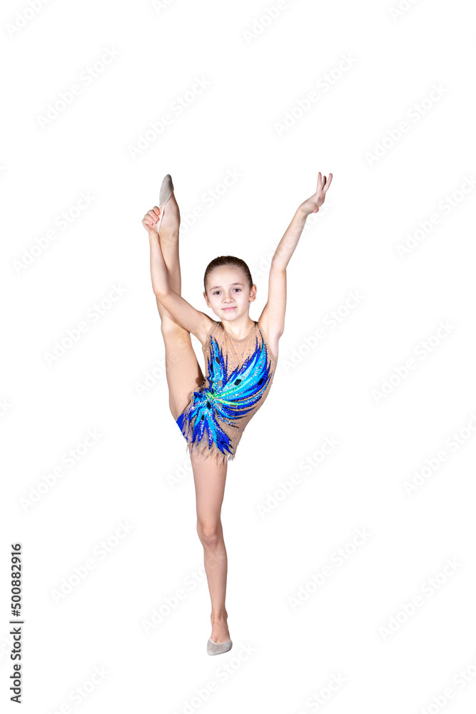 Girl gymnast in costume doing gymnastics split