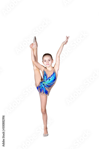 Girl gymnast in costume doing gymnastics split