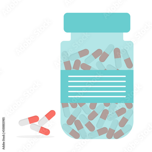 Pills with medicine bottle. Flat vector illustration.