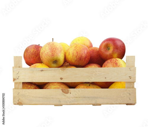Wooden crate with apples isolated on white background 