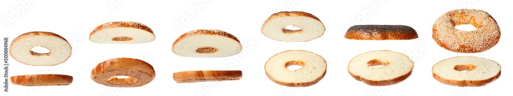Set with tasty fresh bagels on white background. Banner design Set with tasty fresh bagels on white background. Banner design