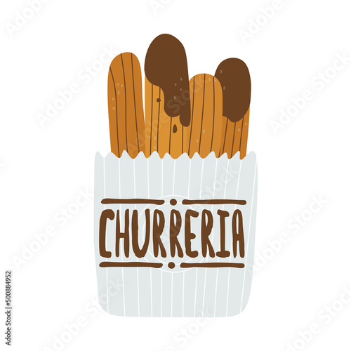 Logo for churreria. Spanish traditional pastries. Vector isolated illustration for design.