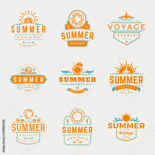 Summer holidays typography labels or badges vector design, summer silhouettes and icons for posters, greeting cards and advertising. Vintage style.