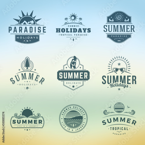 Summer holidays typography labels or badges vector design, summer silhouettes and icons for posters, greeting cards and advertising. Vintage style.