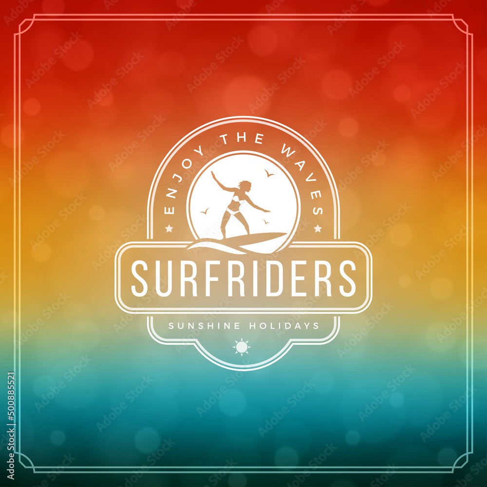 Naklejka premium Summer holidays typography label design on grunge textured paper background. Vector illustration good for posters or flyers.