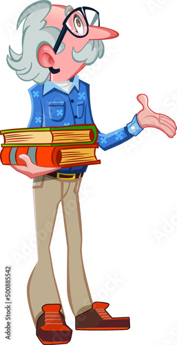 School teacher. History teacher. Teacher with books. Old man. The teacher is talking to the students. Man with glasses. Grey hair.