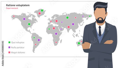 Analytics information and development statistics. Web analysis measure, product testing technology. Man analyses dashboard seo optimization, digital report. Statistical indicators and data on diagram