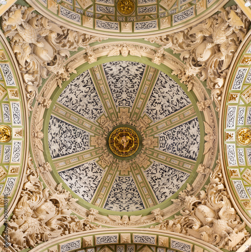 VALENCIA, SPAIN - FEBRUAR 17, 2022: The baroque cupola of St. Barbara chapel in church Iglesia San Juan de Ospital by Juan B. Perez Castiel (1686).