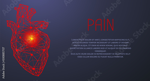 Polygonal human heart made of red lines and dots. Medical research of internal organs, innovative approach concept. Organ of human cardiovascular system. Modern depiction of blood pumping organ.