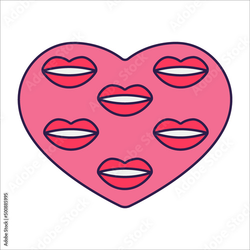 Retro Valentine Day icon heart. Love symbols in the fashionable pop line art style. The figure of a heart in soft pink, red and coral color. Vector illustration isolated on white.