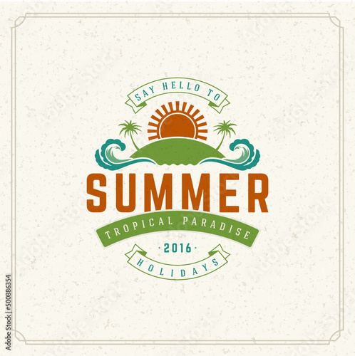 Summer holidays typography label design on grunge textured paper background. Vector illustration good for posters or greeting cards.