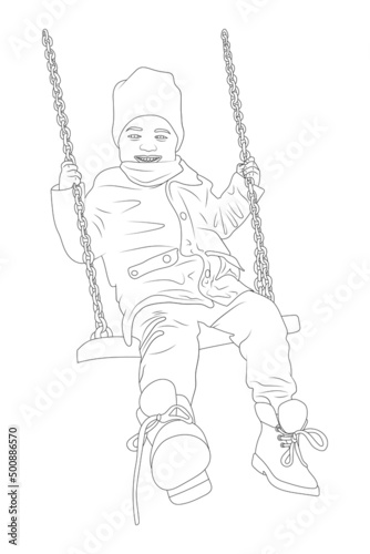 Child swinging on a swing sketch outline illustration.