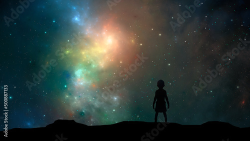 Space background. Girl hero silhouette standing on mountain with colorful fractal nebula and star field. 3D rendering