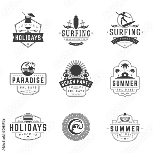 Summer holidays labels or badges retro typography vector design templates set. Silhouettes and icons for posters, greeting cards and advertising.