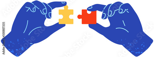 Hands assembling jigsaw puzzle pieces together. Multicolored logic toy, folding picture or mosaic vector illustration. People cooperate to connect pieces of mosaic. Teamwork with puzzle game