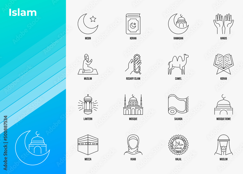 Islam thin line icons set. Koran, Ramadan, prayer´s mat, lantern, muslim, rosary, camel, mosque, Mecca, hijab. Vector illustration. Islam thin line icons set. Koran, Ramadan, prayer´s mat, lantern, muslim, rosary, camel, mosque, Mecca, hijab. Vector illustration.