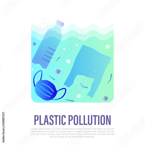 Plastic pollution. Plastic bottle, plastic bottle and medical mask in ocean or sea. Thin line icon. Overconsumption. Trash under water. Vector illustration.