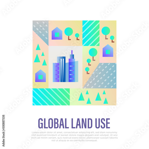 Global land use gradient flat icon. Deforestation, agriculture, industrial damage, livestock, overpopulated cities. Vector illustration.