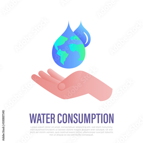 Water consumption concept, water droplet with planet Earth inside falling in human hand. Gradient flat icon. Save the water, conscious resource consumption. Vector illustration.