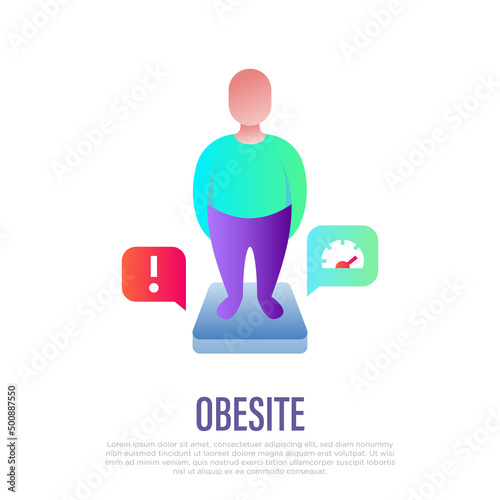 Obesity gradient flat icon. Man with excess weight on scales. Overeating, health problem. Overconsumption. Vector illustration.