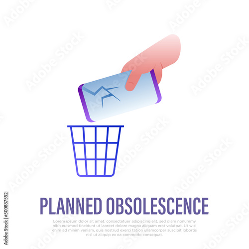 Technological planned obsolescence gradient flat icon. Broken smartphone thrown into the trash. Overconsumption problem. Vector illustration.