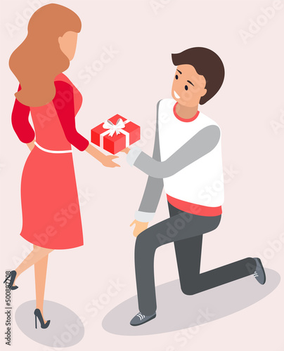 Young guy on knees proposing beautiful girl for marriage. Boyfriend makes marriage proposal to his girlfriend. People in relationships before wedding. Cartoon characters in love want to marry