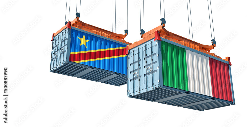 Cargo containers with Italy and Democratic Republic of the Congo national flags. Isolated on white. 3D Rendering Cargo containers with Italy and Democratic Republic of the Congo national flags. Isolated on white. 3D Rendering
