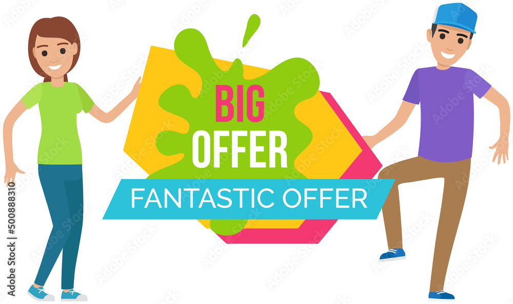Sale banner with man and woman dancing near advertising poster. Shopping time promotional style. People rejoice in discounts and big sale in store. Positive characters with emotion of happiness, joy Sale banner with man and woman dancing near advertising poster. Shopping time promotional style. People rejoice in discounts and big sale in store. Positive characters with emotion of happiness, joy