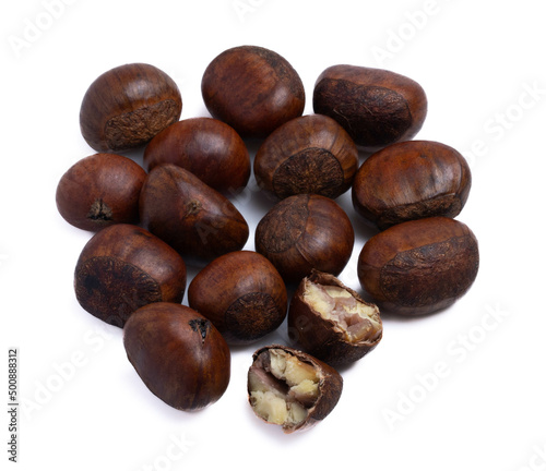 a pile of chestnuts on a white background