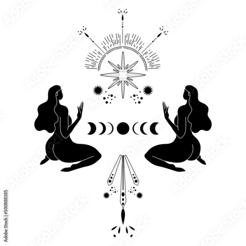 Trendy black line art composition with a woman body silhouette and celestial bodies. Vector magic woman  illustration for creating posters, postcard, tarot, books, covers.