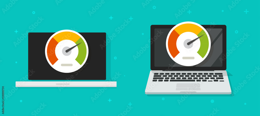 Performance fast speed test meter on computer pc vector icon or laptop  broadband bandwidth load connection optimization traffic speedometer flat  cartoon, download or web server high boost process Stock Vector | Adobe
