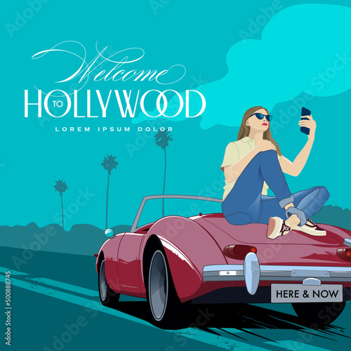 Attractive Woman with Smartphone sitting on top of Convertible