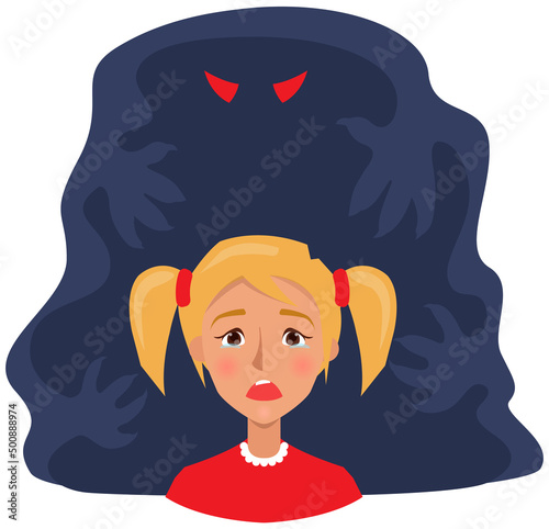 Fear of darkness concept. Upset girl scared of spooky monster from nightmare. Child is afraid of ghost. Crying female character next to monster, ghost in dark. Nightmare, fear of dark, phobia