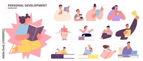 Personal development people characters. Self education and develop with books and computers. Adults and kids reading. Person hold gold cup and book