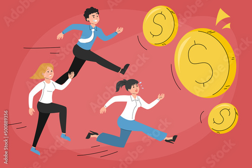 Group of people running after money vector illustration. Office characters in a rush for the dollar coins. Race between people, trying to catch more money.