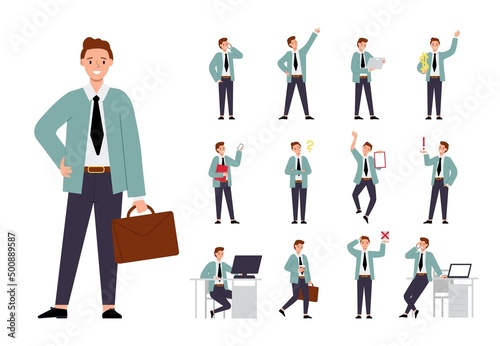 Office business man character. Cartoon flat manager, male in suit in different situations. Isolated manager or boss, financial, banking decent vector person