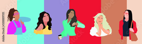 Female spring style portraits. Young women avatars with flowers in hair. Cartoon flat girl characters, cute lady vector set. Vector illustration